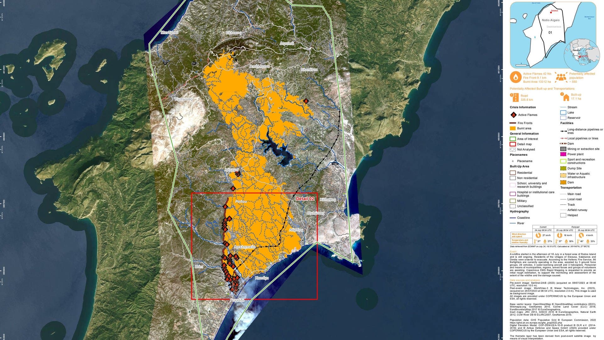 Eine Karte zeigt die Waldbrände auf Rhodos