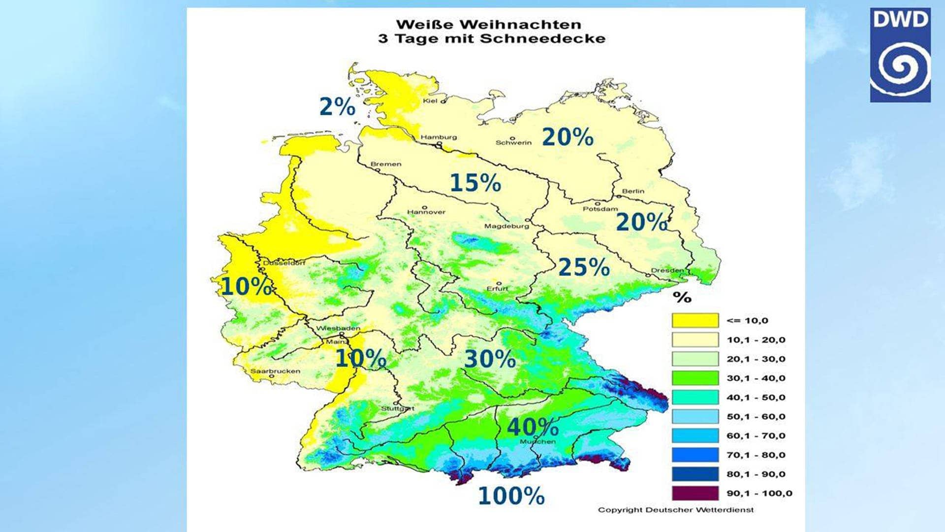 Wahrscheinlichkeit für weiße Weihnachten in Deutschland – ob es 2023 Schnee geben wird zu Heiligabend, geht aus der Karte nicht hervor.