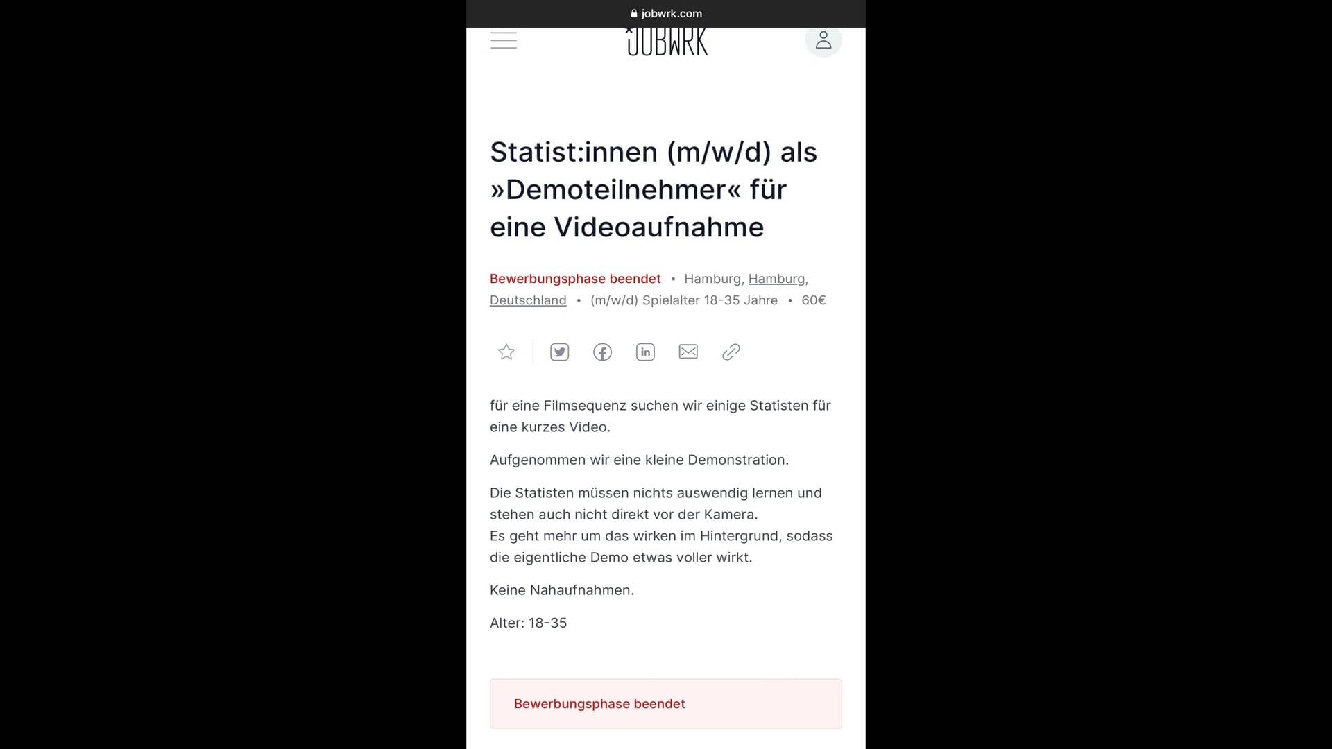 Screenshot von Jobwrk: „Statist:innen (mwd) als »Demoteilnehmer« für eine Videoaufnahme“