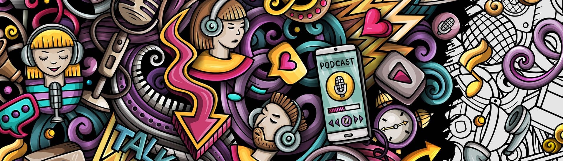 Illustration: Menschen hören Audio-Inhalte und Podcasts