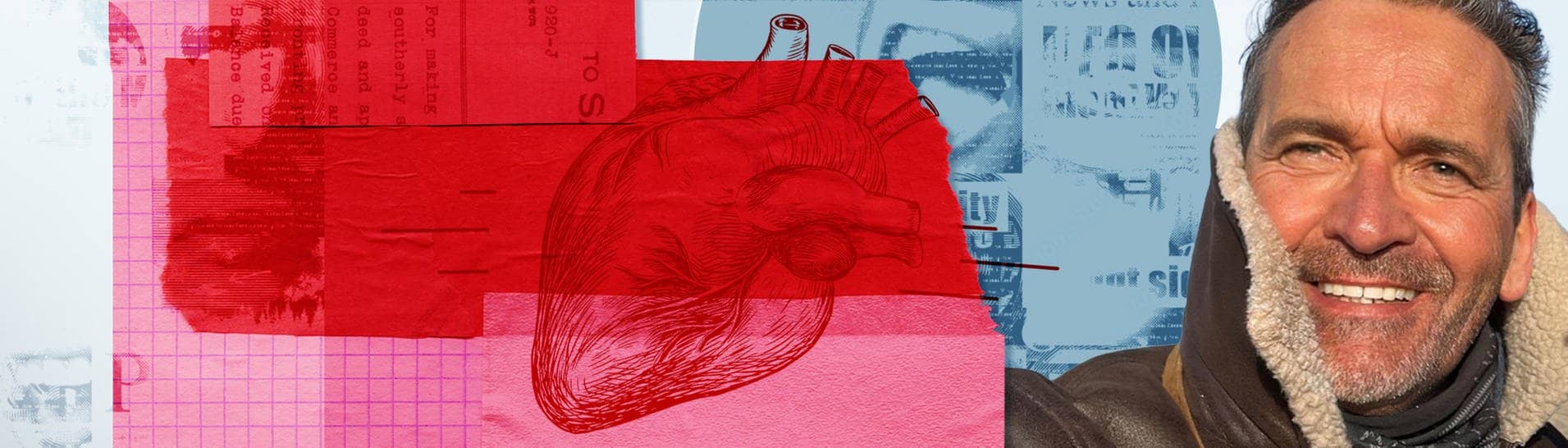 Mann mit grauem Stoppelbart vor Collage aus medizinischen Zeichnungen, die sein Herztransplantat symbolisieren