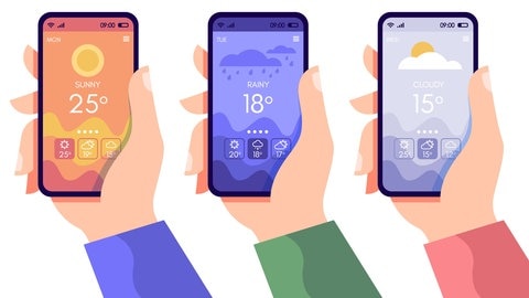 Hände halten Smartphones mit Wetter-Apps