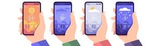 Hände halten Smartphones mit Wetter-Apps