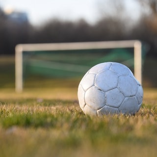 Ein Fußball liegt auf einem Fußballplatz.