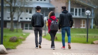 Drei Jugendliche gehen über das Gelände einer Schule.