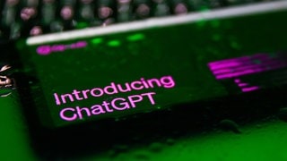 „Introducing ChatGPT“ steht auf einem Bildschirm mit grünem Hintergrund. 