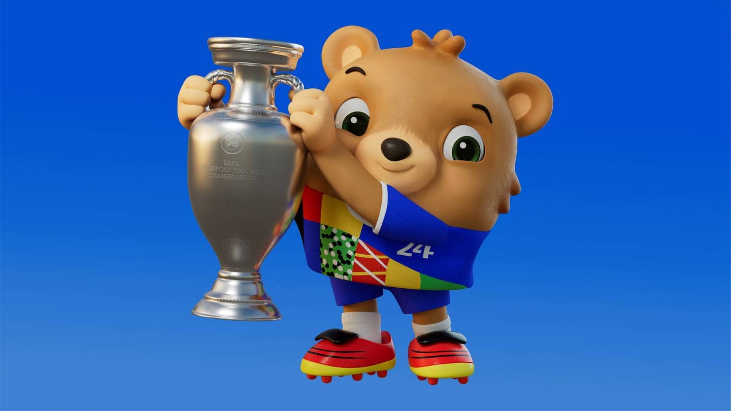 Die UEFA präsentiert das Maskottchen für die EM 2024 in Deutschland - ein Bär. Der Name steht noch nicht fest.