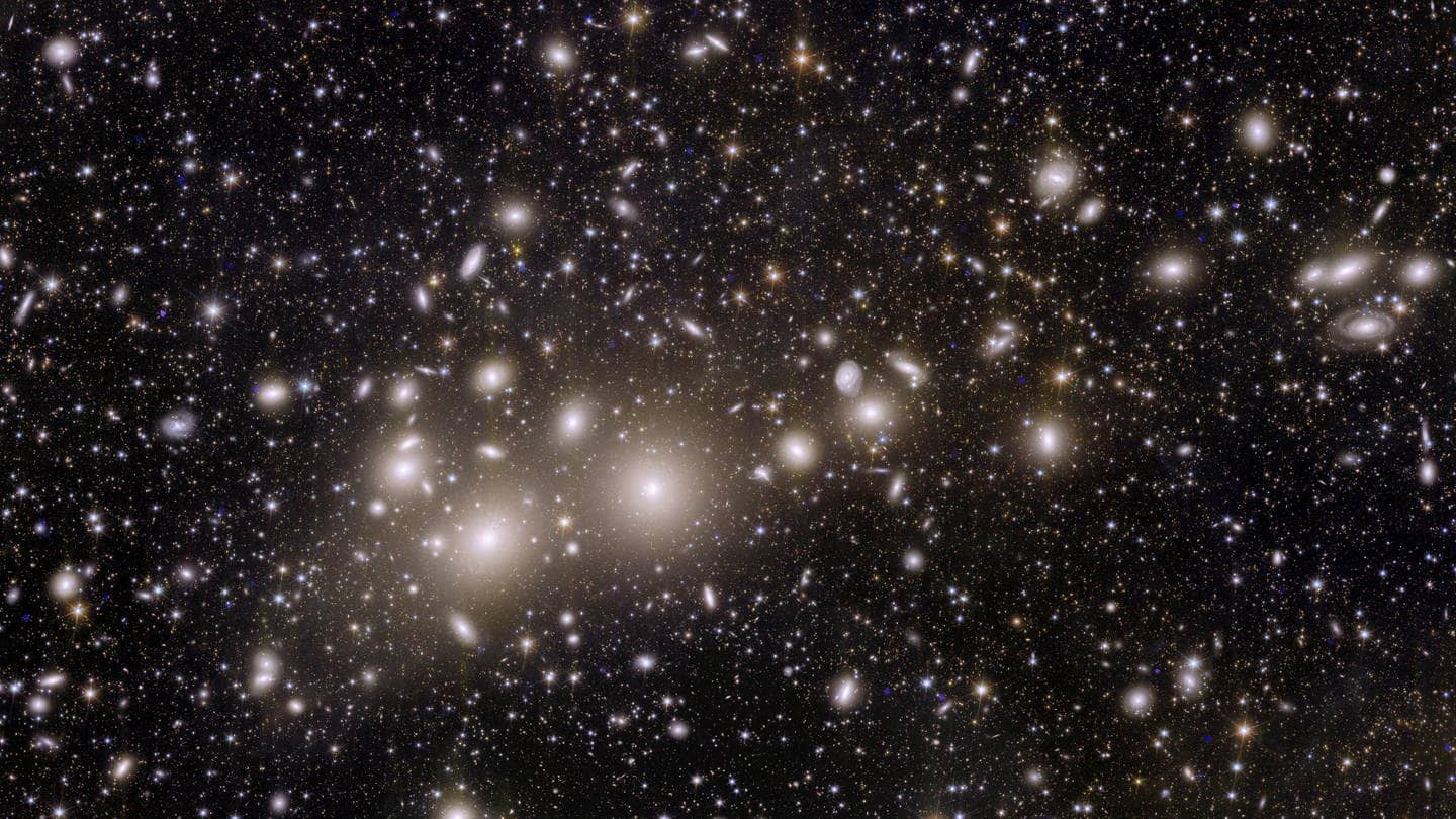 Jetzt geht's richtig weit raus: Im Vordergrund sieht man Galaxien (die hell leuchtenden Punkte) aus dem sogenannten „Perseus-Cluster“, einem Galaxienhaufen in mehr als 200 Millionen Lichtjahren Entfernung. Eigentlich ein Katzensprung: Im Hintergrund befinden sich mehr als 100.000 weitere Galaxien, die bis zu zehn Milliarden Lichtjahre (!) entfernt sind und bislang noch nie beobachtet wurden. Die ESA sagt: Das ist erst der Anfang. Mehr als eine Million Bilder wie dieses soll „Euclid