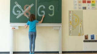 Ein Mädchen schreibt an eine Tafel. G8 ist durchgestrichen, auf der rechten Tafelhälfte steht G9.