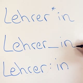 An einem Whiteboard steht das Wort Lehrer in verschiedenen Gender-Schreibweisen.