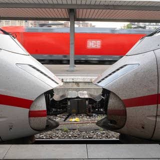 Zwei ICE-Züge der Deutschen Bahn sind auf dem Bahnhof zusammengekoppelt.