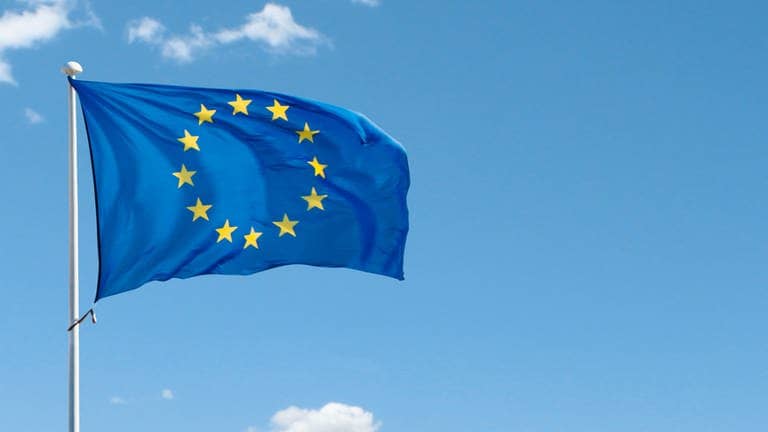 Eine europäische Flagge weht vor hellblauem Himmel im Wind und symbolisiert die Europawahl 2024