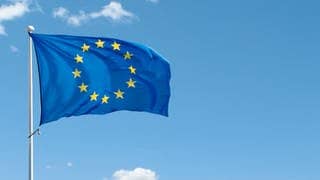 Eine europäische Flagge weht vor hellblauem Himmel im Wind und symbolisiert die Europawahl 2024