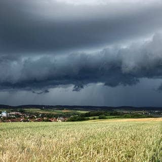 Eine Gewitterzelle mit dunklen Wolken baut sich am Himmel und hinter Feldern nahe Heilbronn auf. 