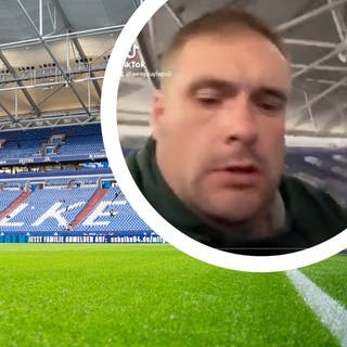 Die Veltins Arena mit blauen Sitzen. Dazu eingefügt ein Screenshot des viralen Videos eines EM-Fans, der dort übernachtet haben soll.