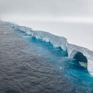 Das Bild zeigt den Eisberg A23a: Spektakuläre Bilder vom derzeit weltweit größten Eisberg zeigen, wie Erosion riesige Bögen und höhlenartige Vertiefungen in den Koloss gemeißelt hat.