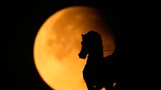 Moskau: Der Supermond erhebt sich goldfarben hinter einer Pferdestatue auf dem Triumphbogen während zugleich eine partielle Mondfinsternis stattfindet.