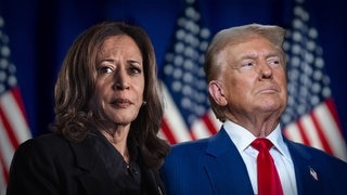 Eine Kollage zur US-Präsidentschafts-Wahl 2024. Ex-Präsident Donald Trump, der 2024 wieder kandidiert und die amtierende US-Vizepräsidentin und Präsidentschaftskandidatin Kamala Harris stehen vor einem Hintergrund mit US-Flaggen