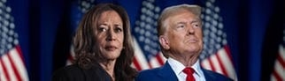 Eine Kollage zur US-Präsidentschafts-Wahl 2024. Ex-Präsident Donald Trump, der 2024 wieder kandidiert und die amtierende US-Vizepräsidentin und Präsidentschaftskandidatin Kamala Harris stehen vor einem Hintergrund mit US-Flaggen