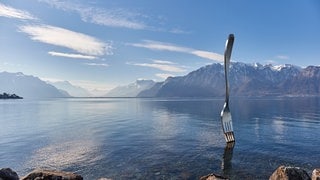 Eine Gabel steckt im Genfer See als Kunstinstallation eines Museums.