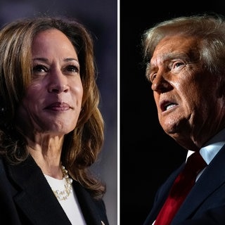 Diese Fotokombination zeigt die demokratische US-Präsidentschaftskandidatin Kamala Harris (l) bei einer Rede während einer Kundgebung in Charlotte am 12. September 2024 und den republikanischen Präsidentschaftskandidaten und ehemaligen US-Präsidenten Donald Trump bei einer Rede während einer Kundgebung in Warren am 1. November 2024.