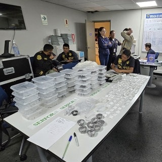 Hunderte Behälter mit Vogelspinnen stehen auf einem Tisch in Peru, Polizisten stehen darum.