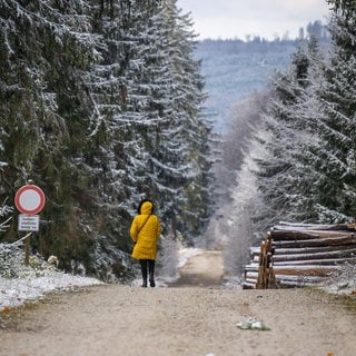 Eine Frau geht auf dem Erbeskopf im Hunsrück spazieren.