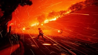 Ein Feuerwehrmann läuft durch einen Funkenregen: Feuerwehrleute bekämpfen einen sich rasch ausbreitenden Waldbrand, das sogenannte Franklin Fire, in Malibu an der kalifornischen Pazifikküste.