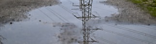 Ein Strommast spiegelt sich in einer Wasserpfütze auf einem Weg