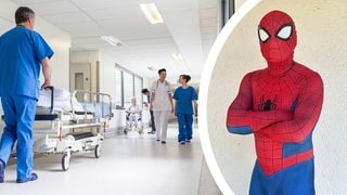 Claudio Cantali, verkleidet als Spiderman besucht kranke Kinder in Speyer.