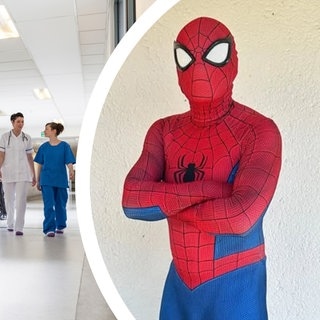 Claudio Cantali, verkleidet als Spiderman besucht kranke Kinder in Speyer.