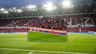 Bandenwerbung des Landes RLP im Stadion von Mainz 05: „Bisschen abseits. Trotzdem Volltreffer.“ (Collage)