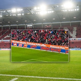 Bandenwerbung des Landes RLP im Stadion von Mainz 05: „Bisschen abseits. Trotzdem Volltreffer.“ (Collage)