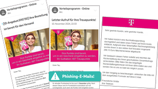 Beispiele von Phishing-E-Mails, die angeblich von der Telekom verschickt werden. Vorsicht Betrug!