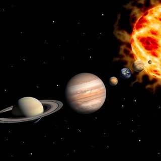 Planetenparade: Die Planeten Neptun, Uranus, Saturn, Jupiter, Mars, Erde, Venus und Merkur bilden eine Reihe zur Sonne hin