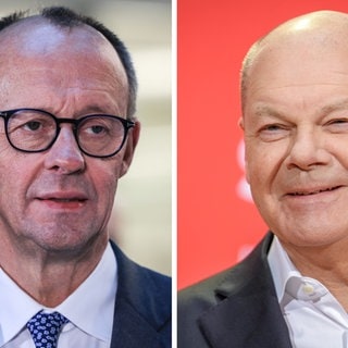 Friedrich Merz , Kanzlerkandidat der CDU, und Bundeskanzler Olaf Scholz, Kanzlerkandidat der SPD. Die beiden treten im TV-Duell gegeneinander an