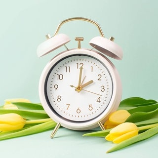 Eine Uhr und Tulpen symbolisieren den Frühling und die Sommerzeit.