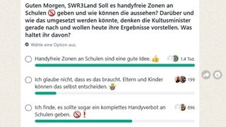 Screenshot der Whatsapp-Umfrage zum geplanten Handyverbot an Schulen in Baden-Württemberg