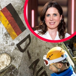 Man sieht Piloten-Witwe Annika Sondenheimer und eine Szene mit Helfern an der Absturzstelle der Germanwings-Maschine. Im Interview mit SWR3 erzählt die Witwe des Piloten, wie sie heute selbst Trauernden hilft und warum sie heute wieder fliegen kann.