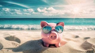 Ein Sparschwein mit Sonnenbrille am Strand
