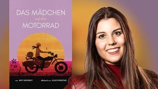 Janine Beck neben dem Cover des Buches Das Mädchen auf dem Motorrad