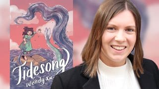 Corinne Schwager neben dem Cover des Buches "Tidesong"