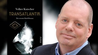 Klaus Sturm neben dem Cover des Buches "Transatlantik"