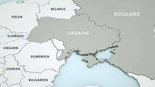Übersichtskarte von Osteuropa mit der Ukraine im Zentrum und den Anrainerstaaten. Die Ukraine und Russland sind hervorgehoben.