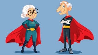 Oma und Opa als Comic-Figuren in Superman- und Superwoman-Umhang, die Weisheiten und Sprüche für uns parat haben.