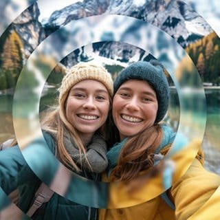 Zwei junge Frauen machen ein Selfie vor Bergen in Südtirol, ein Urlaub in traumhafter Natur.