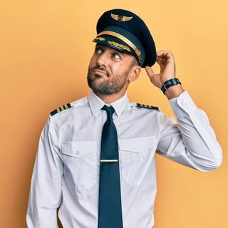 Junger Mann im Piloten-Outfit, kratzt sich denkend am Kopf. Symbolbild für ein Quiz mit lustigen Umschreibungen für verschiedenen Berufe.