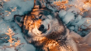 Symbolbild für die Schlaflosigkeit während der Wolfsstunde zwischen 3 & 4 Uhr nachts | Wolf liegt auf dem Rücken im Schnee und schaut in die Kamera (KI-generiert)