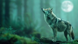 Wolf steht im Wald vorm Vollmond | Symbolbild für die Wolfsstunde: Warum wache ich zwischen 3 und 4 Uhr morgens auf? (KI-generiertes Bild)