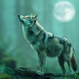 Wolf steht im Wald vorm Vollmond | Symbolbild für die Wolfsstunde: Warum wache ich zwischen 3 und 4 Uhr morgens auf? (KI-generiertes Bild)